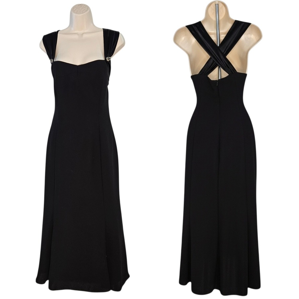 Jones NY Black Midi Dress Size 8 Art Deco Rhinestone Brooch Crisscross Back Glam